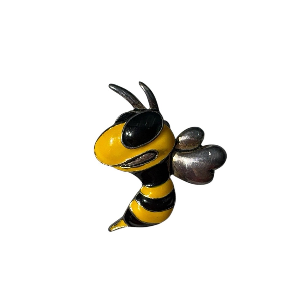 Vintage Silver Tone Yellow Black Striped Enamel Wasp Bee Insect Brooch Pin